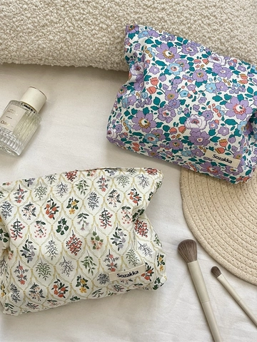 Floral Cotton Makeup Bag Zippered Travel Toiletry Pouch Portable Cosmetic Storage Organizer Fresh Vintage For Women