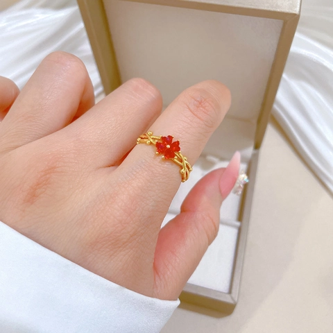 Glücksklee Ring Roter Herz Zirkon Vergoldetes Messing Verstellbares Offenes Band Eleganter Schmuck Frauen Geschenk