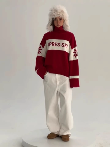 Women Oversized High Neck Knit Sweater Cotton Polyester Contrast Stripe Snowflake Letter Print Pullover Winter Ski Style
