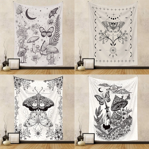 Schmetterling Motte Pilz Wandteppich Vintage Mystisch Mond Sterne Rose Boho Wandbehang Heimdekoration Polyester Ästhetik