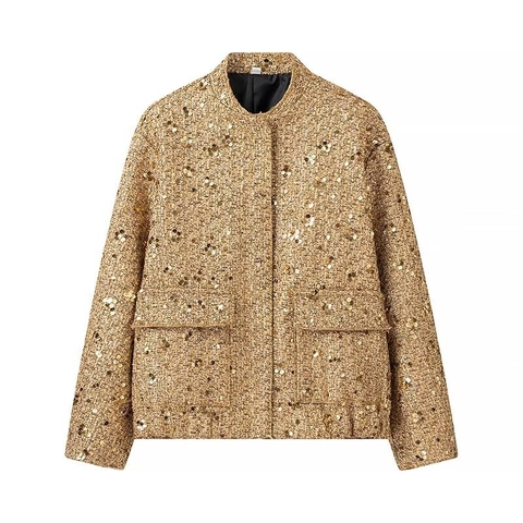 Women Golden Sequin Tweed Cropped Jacket Elegant Vintage Long Sleeve Button Down Outerwear Solid Shiny Luxury Coat