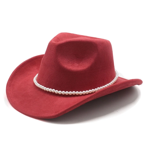 Western Cowboy Hat Faux Suede Artificial Pearl Decoration Wide Brim Fedora Vintage Jazz Style Women Men