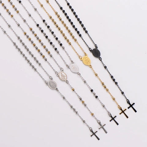 304 Edelstahl Rosenkranz Halskette Religiöse Jungfrau Maria Mittelstück Kreuz Anhänger Lange Kugelkette Schmuck Für Frauen