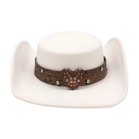 Western Cowboy Hat Vintage Felt Wide Brim Large Rhinestone Heart Buckle Embossed Leather Belt Bohemian Jazz Style