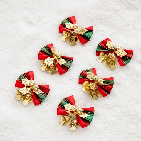6 Pezzi Fiocchi di Natale Con Campanelli d'Oro e Foglie di Agrifoglio Plaid Tessuto Fiocchi Decorazioni per Albero di Natale