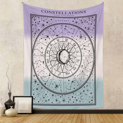 Tapiz De Mapa Estelar De Constelaciones Bohemio Decoración De Pared De Poliéster Para Dormitorio Sala Degradado Morado