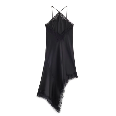 Elegant Black Satin Cami Dress With Lace Trim Deep V Neck Asymmetric Hem Spaghetti Strap Backless Midi Dress For Women