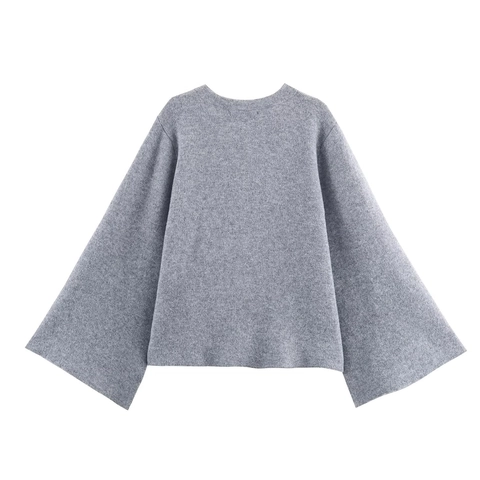 Women's Casual Solid Gray Knit Cardigan With Tie Belt Round Neck Bell Sleeve Single Button Autumn Winter Sweater Coat