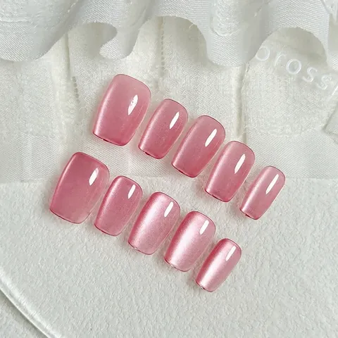Handgemachte Rosa Katzenauge Press On Nägel Transparente Jelly Kurze Quadratische Nagel-Patches Für Frauen