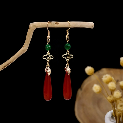 Orecchini Stile Cinese Vintage Nuvola Auspicante Goccia D'acqua Lega Rosso Verde Pendente Per Donne Accessorio