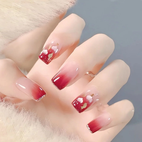 Unghie Finte Sfumatura Rossa Rosa Nuvola Foglia D'oro Bordo Scintillante Effetto Sfumato Colore Gelatina Lucido Manicure Donne Elegante Dolce