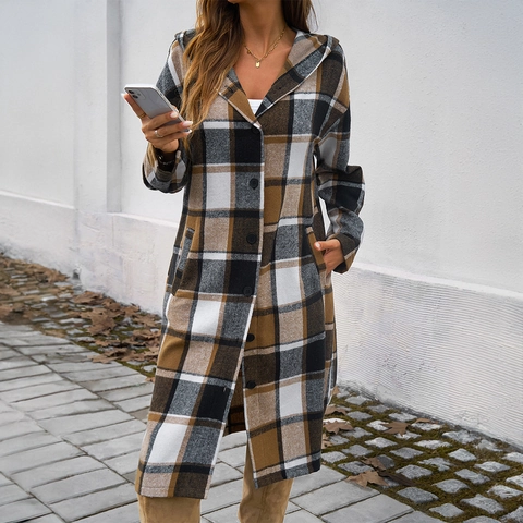 Women Long Plaid Hooded Jacket Coat Button Down Contrast Color Pocket Casual Autumn Winter Loose Outerwear