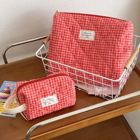 Trousse De Maquillage En Coton Matelassé À Carreaux Grande Capacité Organisateur De Voyage Pochette Cosmétique Style Frais