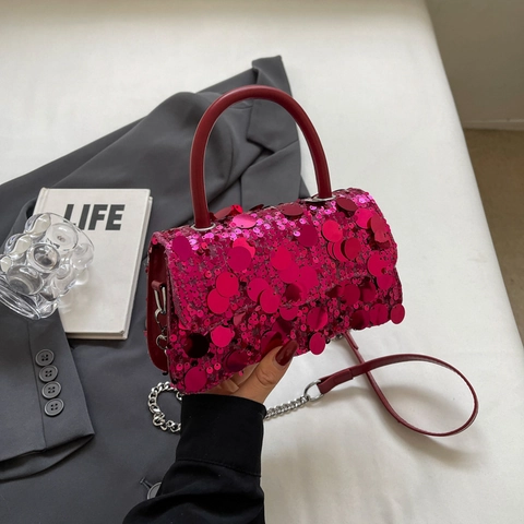 Sequin Small Square Handbag With Chain Strap And Metal Handle Fashion Women Crossbody Bag Evening Party Accessory