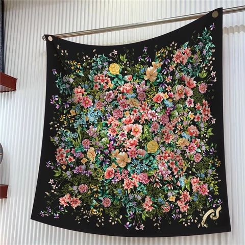 Elegant French Floral Rose Satin Square Scarf For Women Large Sun Protection Shawl Headscarf Wrap Polyester Hair Bandana