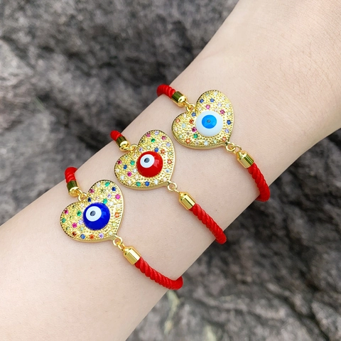 Bracciale da Donna in Rame Zirconia Cuore Malocchio Corda Rossa Regolabile Gioielli Intarsiati di Moda per Regali Quotidiani di Festa