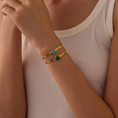 Bracciale in Oro Intrecciato a Catena Piatta in Acciaio Inossidabile di Moda Occidentale Con Intarsio in Pietra Naturale Tonda Gioielli Donna Regolabili