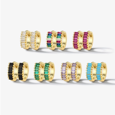 925 Sterling Silver Baguette Cut Colorful Zircon Huggie Hoop Earrings With 925 Sterling Silver Earring Post For Women