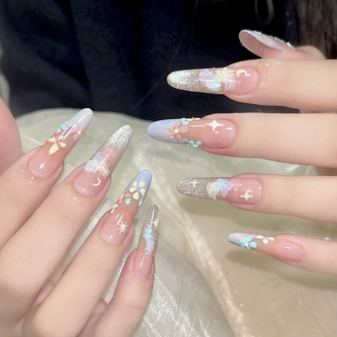 Uñas Postizas Press On Forma Almendra Larga Flor Dulce Efecto Ojo De Gato Degradado Azul Rosa Plástico ABS Para Mujeres