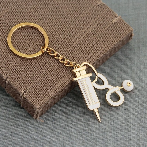 Zinklegering Medische Sleutelhanger Met Stethoscoop En Spuit Hangers Goud Wit Emaille Cadeau Voor Verplegers En Artsen