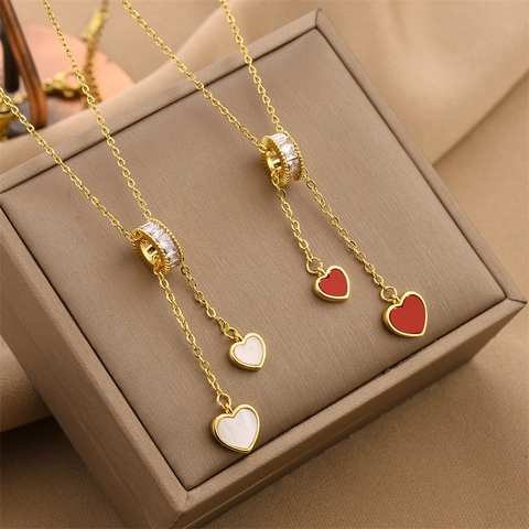 Titanstahl Herz Muschel Anhänger Quaste Halskette Für Damen Vergoldet Zirkonia Schlüsselbein Kette Elegant Mode Schmuck