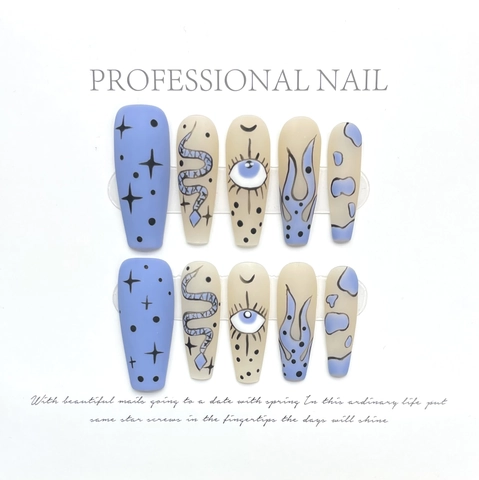 Hand Painted Press On Nails Matte Coffin Shape Blue Snake Eye Star Graffiti Art Fake Nails Manicure