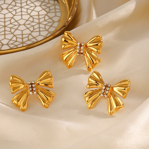 Bowknot Ohrringe Und Ring 18K Vergoldet Edelstahl Strahlend Vintage Retro Stil Schmuck