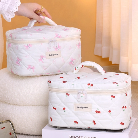 Borsa Trucco In Cotone Trapuntato Grande Capacità Organizzatore Da Viaggio Portatile Fiocco Floreale Donna
