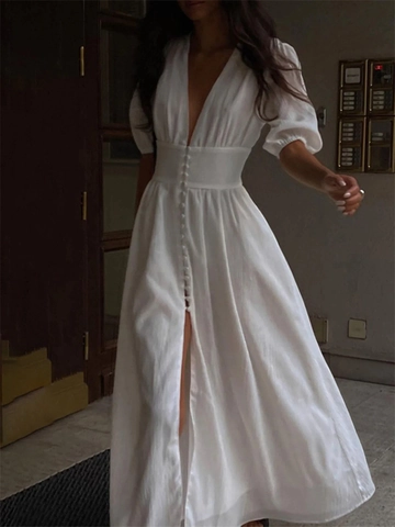 Damen Einfarbiges V-Ausschnitt Hohe Taille Einreihiges Midi-Kleid Mit Puffärmeln Seitenschlitz Elegant Retro Polyester