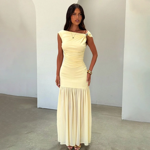 Abito Maxi Asimmetrico Con Increspature Patchwork In Mesh Senza Maniche Aderente Sirena Festa Sera Per Donna Elegante