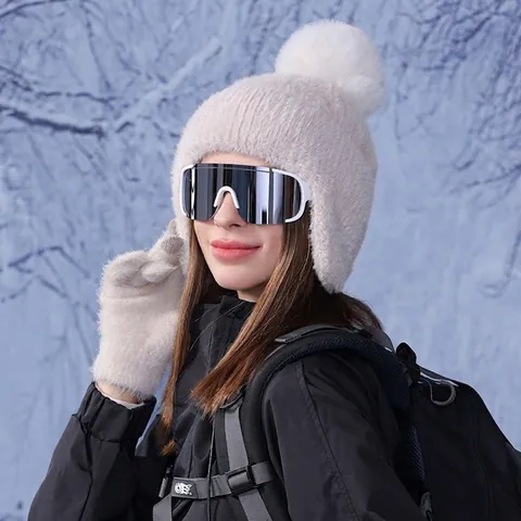 Damen Winter Beanie Mütze Und Plüsch Handschuhe Warm Winddicht Ohrenklappe Bommel Touchscreen Strick Kunstpelz Accessoire