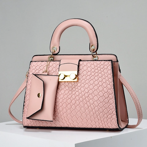 Woven Texture PU Leather Women Shoulder Bag With Matching Pouch Golden Lock Elegant Handbag Casual Travel