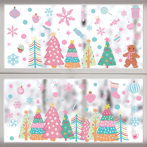 Rosa Weihnachtsbaum Fensteraufkleber Statische Haftung Schneeflocke Lebkuchenmann Aufkleber Party Glas Home Dekoration