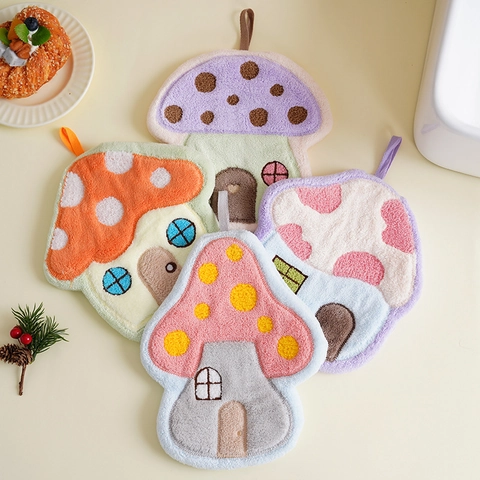 Mushroom House Hanging Hand Towels Soft Coral Fleece Absorbent Cartoon Cloth For Bathroom And Kitchen Decor Novelty