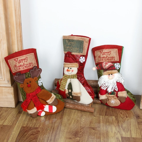 Christmas Stockings Hanging Decor 3D Santa Snowman Reindeer Linen Flannel Holiday Fireplace Gift Bag Merry Christmas