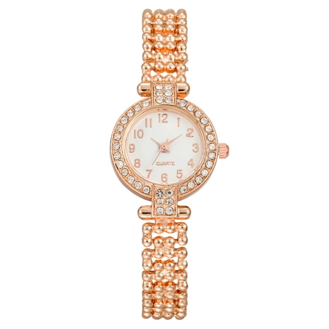 Fashion Rhinestone Women Wristwatch Elegant Round Dial Arabic Numerals Alloy Case Metal Bead Strap Quartz Movement