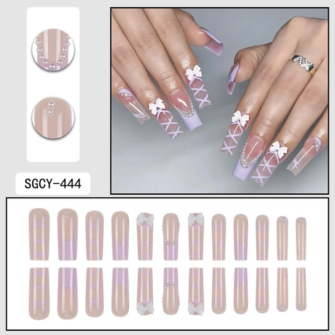 Uñas Postizas Largas Cuadradas Moradas Estilo Francés Con Lazos Blancos Cinta Cruzada Y Perlas Artificiales Sintéticas Elegante