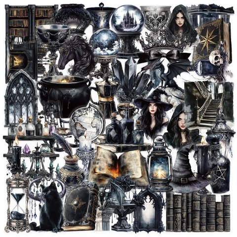 Waterproof PET Stickers Gothic Magic Dark Fantasy Decorative Decals For Laptop Guitar Scrapbook Journal DIY Mysterious Vintage Theme
