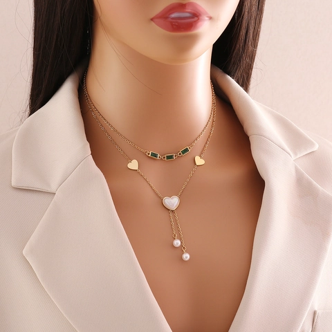 Elegant Necklace Bracelet Earrings Stainless Steel Gold Plated Double Layer Heart Artificial Pearl Green Gemstone Jewelry For Women
