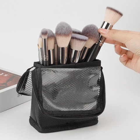 Vertikale Make-up Pinseltasche Stehend Reise Tragbar Kosmetik Organizer PU Leder Mesh Atmungsaktiv Reißverschluss Etui