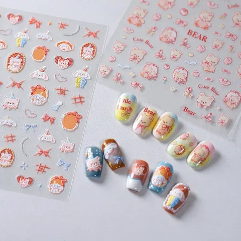 3D Embossed Nail Art Stickers Self Adhesive Cartoon Bear Dog Pattern Matte DIY Manicure Decoration For Women Girls