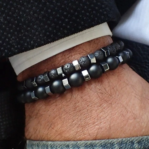 Braccialetti Di Perle In Pietra Di Lava E Occhio Di Tigre Naturale Con Ciondoli In Lega Croce Corona Per Uomini
