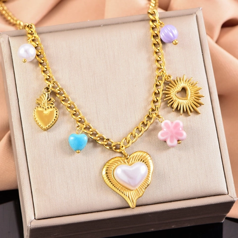 Stainless Steel Heart Artificial Pearl Pendant Necklace Multi Element Floral Gold Chain Fashion Jewelry For Women