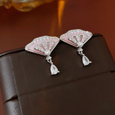 Boucles D'oreilles Pendantes Éventail Zircon Rose Imitation Künstliche Perle Avec Tige Argent Sterling 925 Rétro Élégant Luxe Femmes