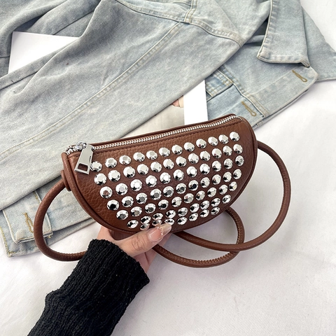 Rivet Half Moon Crossbody Bag PU Leather Litchi Pattern Punk Rock Style Woven Strap Shoulder Purse For Women