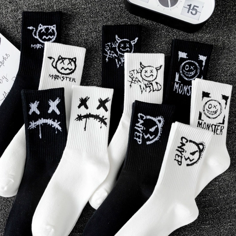 Street Style Mid Calf Crew Socks Polyester Cotton Blend Graffiti Monster Devil Face Unisex Basketball Sports Socks