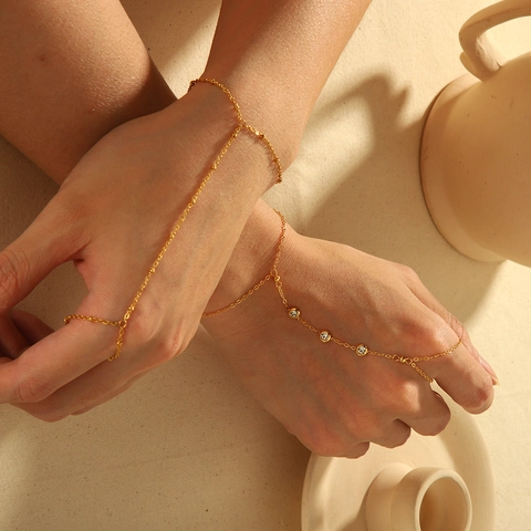 Hand Chain Bracelet 18K Gold Plated Stainless Steel Finger Ring Slave Bracelet With Zircon Inlaid Adjustable For Women