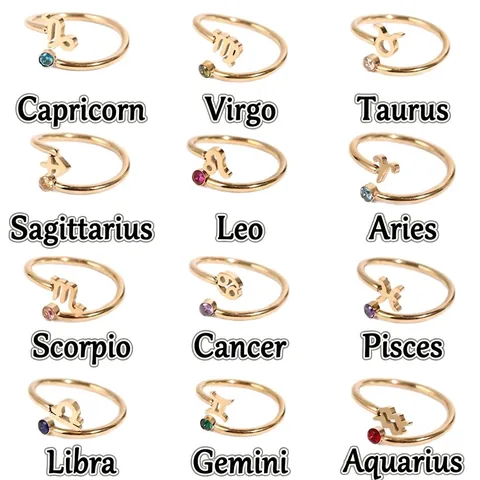 Anello Segno Zodiacale Acciaio Inossidabile Pietra Natale Strass Aperto Regolabile Gioielli Moda Regalo Astrologia