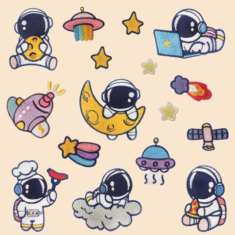 Cartoon Astronaut Weltraum UFO Stern Stickerei Aufnäher Selbstklebend Aufbügeln Applikation Für Kleidung Handyhülle