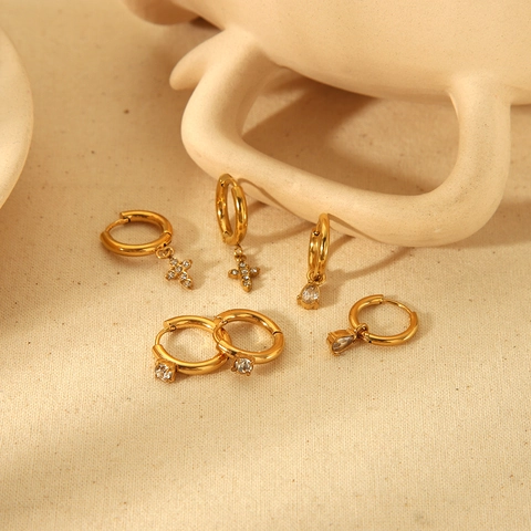 Orecchini A Cerchio In Acciaio Inossidabile Placcato Oro Zirconia Cubica Croce Goccia Pendente Moda Per Donna